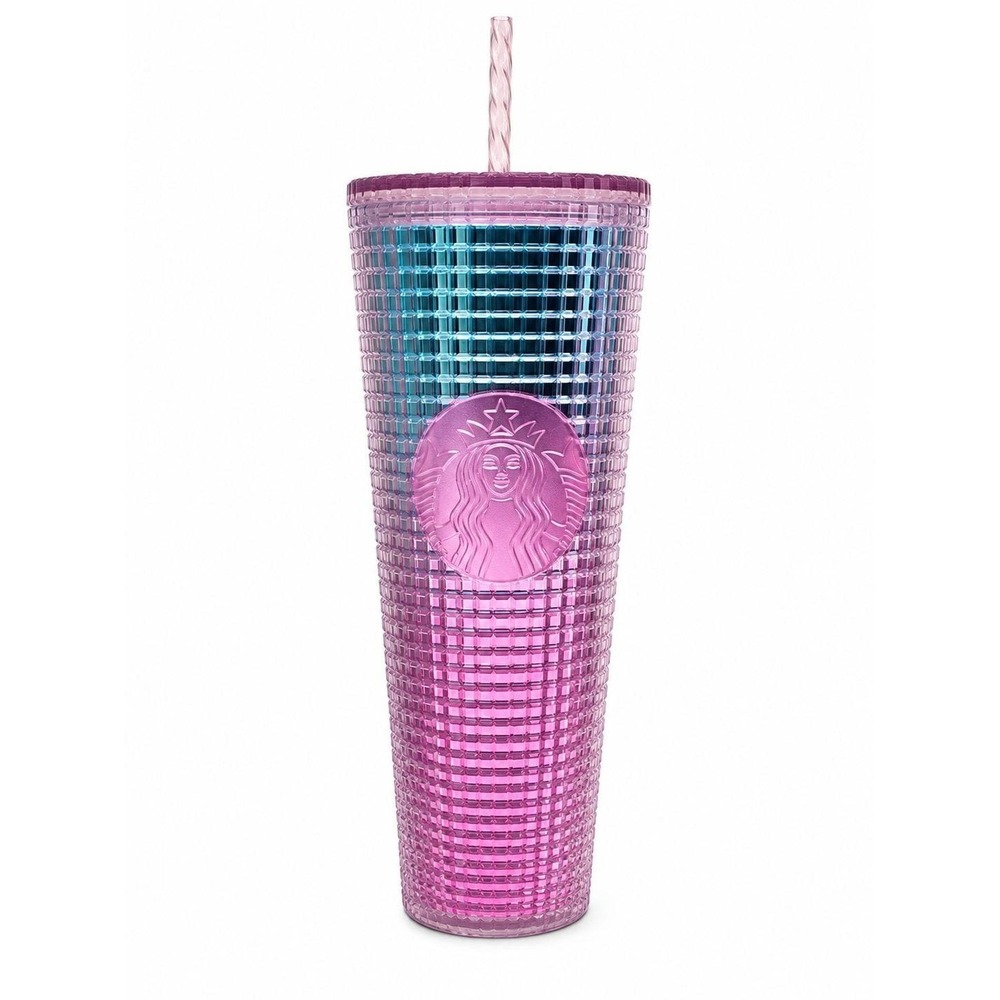 Starbucks 24 oz Studded Grid Ombre Pink Blue Cold Cup Tumbler w/ Lid & Straw